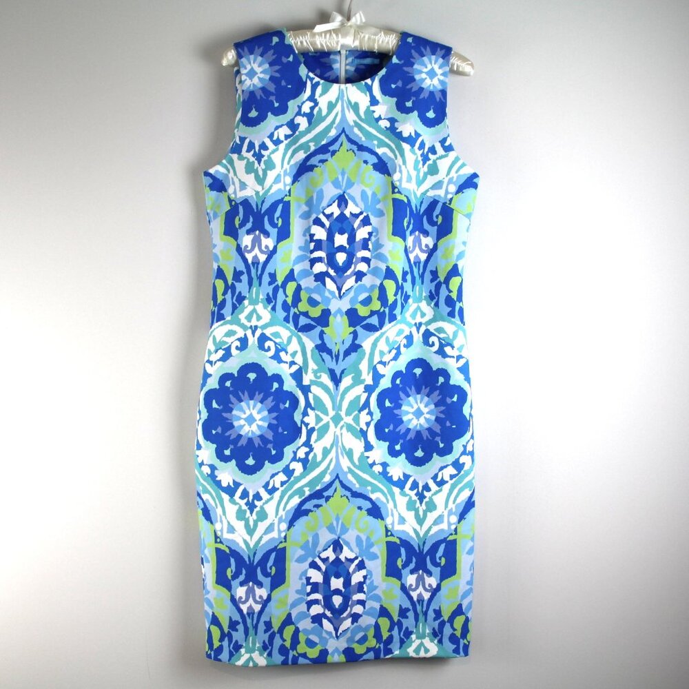 J. McLaughlin Belinda Sleeveless Sheath White Blue Aqua Oahu Knee Length Dress 6